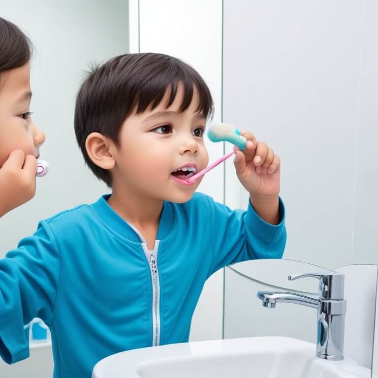 거울을 보면서 양치하는 아이