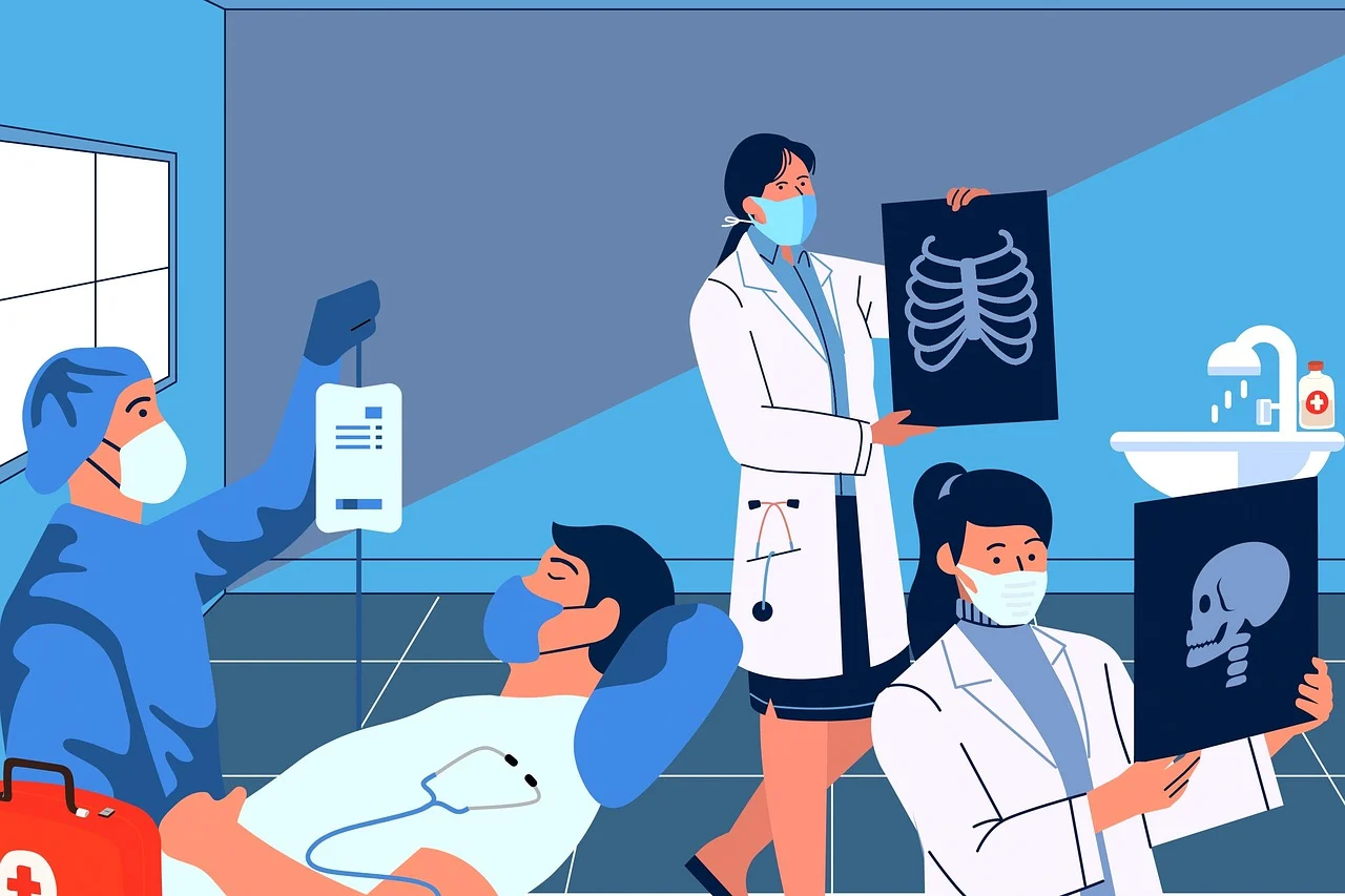 대형 병원의 바쁜 모습 일러스트