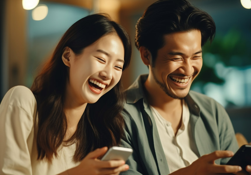 스마트폰으로 금융 앱을 확인하며 웃는 부부