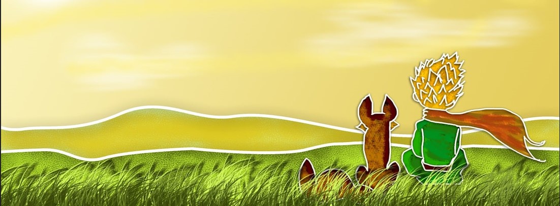 풀밭에 앉아 석양을 바라보고 있는 어린 왕자와 사막여우의 뒷모습을 그린 그림