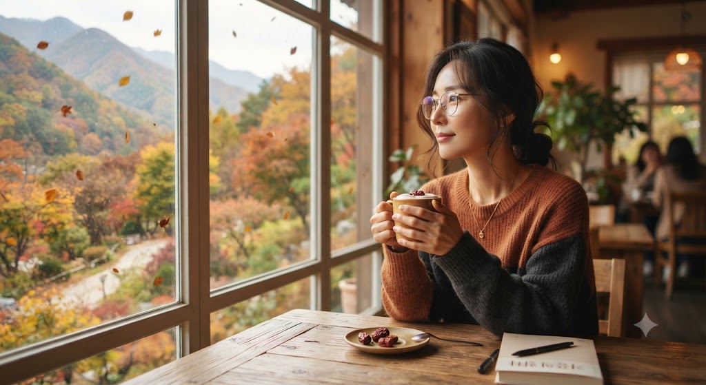 An intellectual woman wearing glasses enjoying a warm jujube latte while looking out at the beautiful autumn foliage of Songnisan
