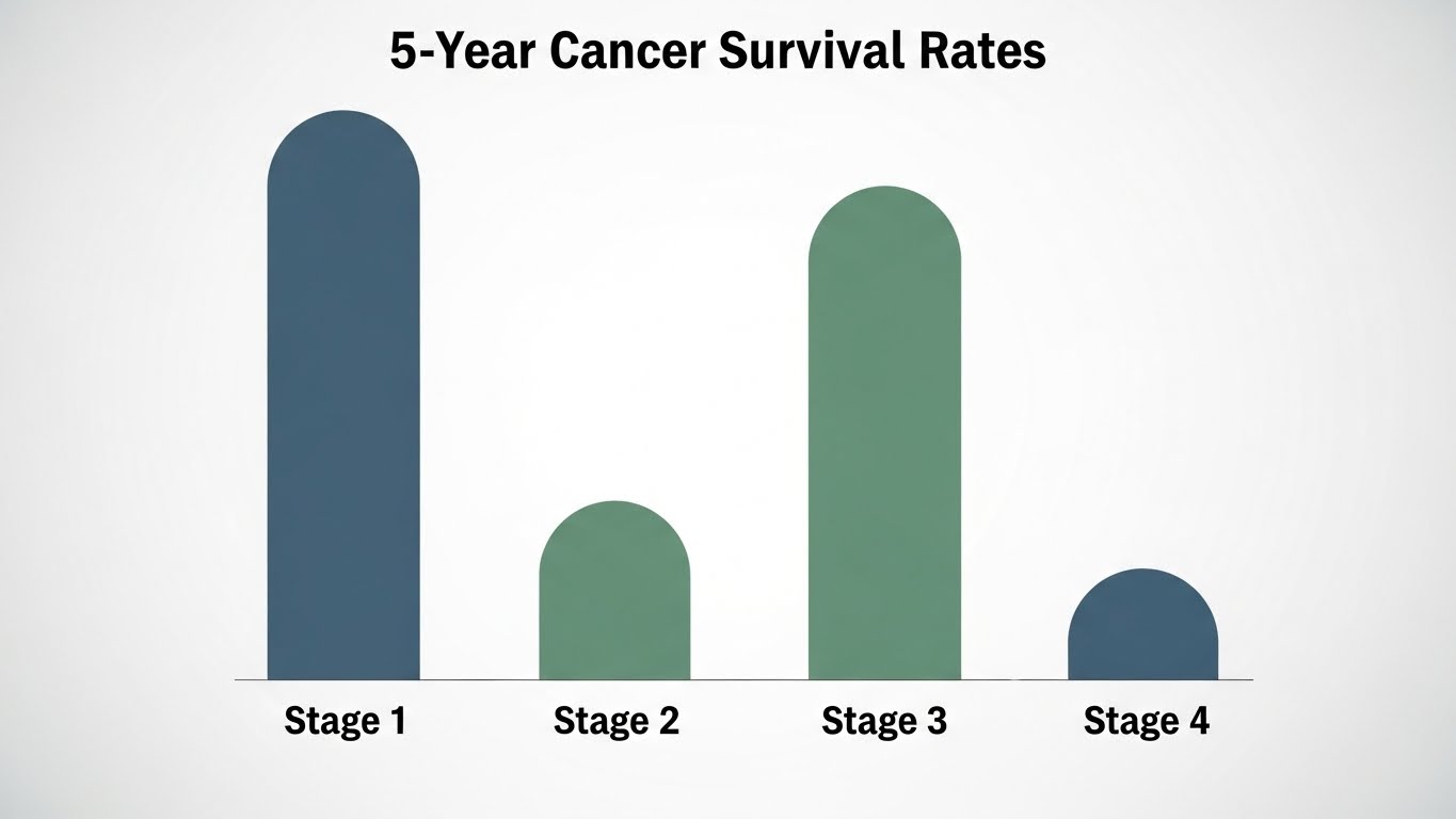 암-단계별-5년-생존율을-비교한-개념적-인포그래픽-스타일의-이미지로,-점진적으로-감소하는-값을-보이지만-3단계에서는-여전히-상대적으로-높은-값을-보입니다.