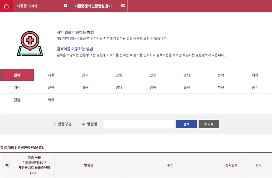 뇌졸중센터-인증병원-찾기