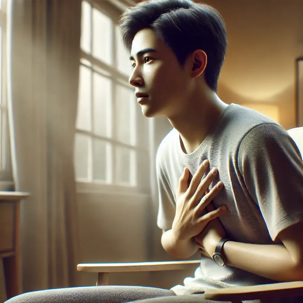 공황 발작 중 호흡을 가다듬으려 노력하는 동양인 남성의 모습