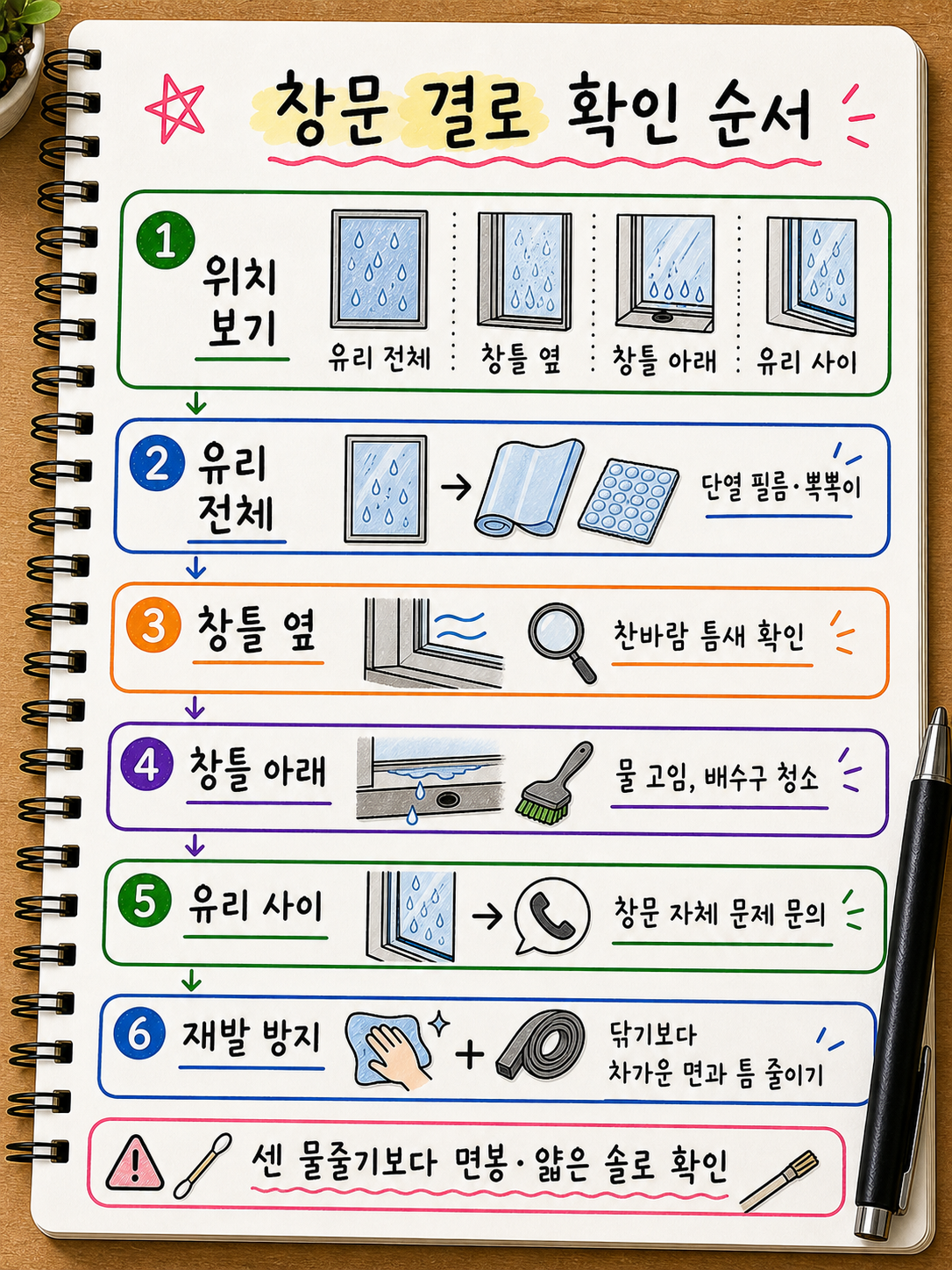 창문 결로 원인을 위치별로 확인하고 단열 필름 뽁뽁이 문풍지 배수구 청소 순서를 정리한 손글씨 노트
