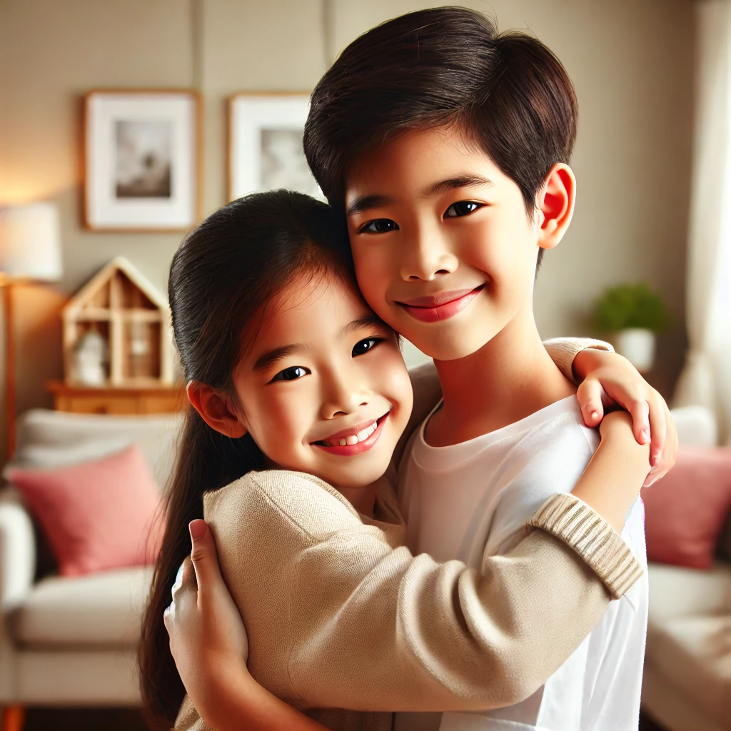7살 정도 된 한국 아이가 아늑한 거실에서 부모님을 꼭 안고 따뜻한 미소를 짓고 있는 모습, 사랑과 안락함이 느껴지는 부드러운 인테리어