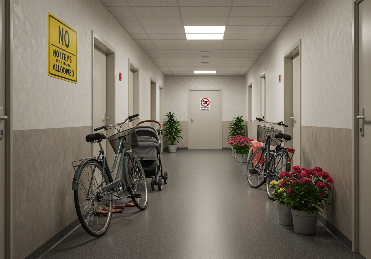 아파트 복도에 적치된 자전거, 유모차, 화분과 경고 표지판을 묘사한 일러스트