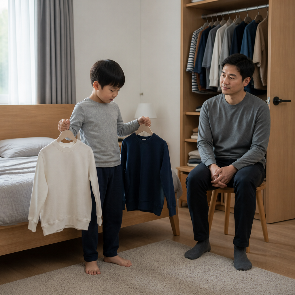 등교 준비 중 옷을 고르는 아이와 차분히 기다리는 부모
