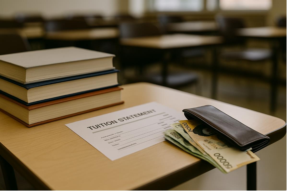 강의실 책상 위에 교재와 등록금 고지서가 놓인 모습