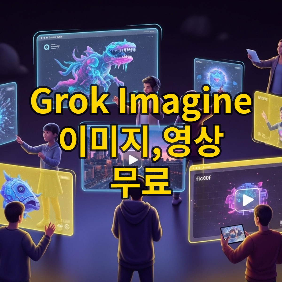 Grok Imagine으로 AI 이미지와 비디오를 무료로 생성하며 창의력을 발휘하는 다양한 사용자들의 모습을 담은 미래지향적인 디지털 아트.