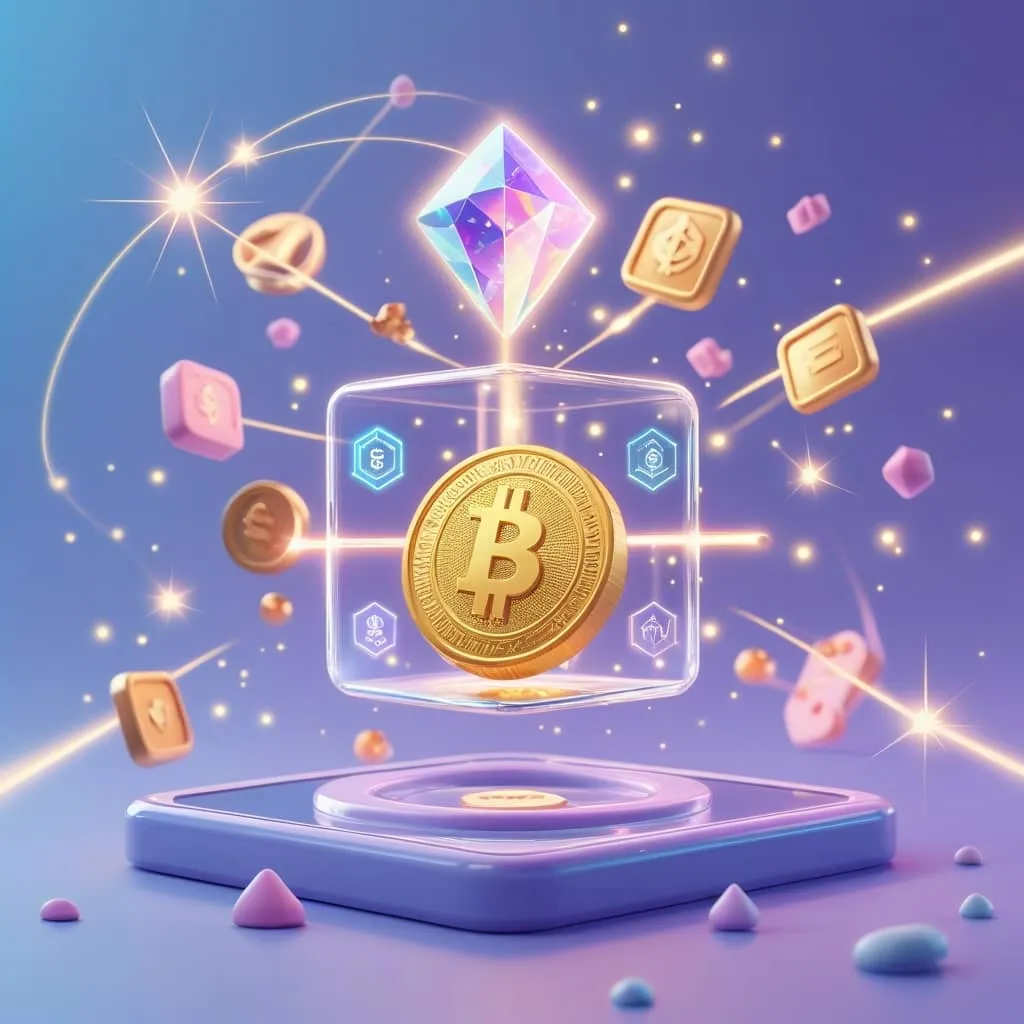 게임파이의 중심인 블록체인 기술 혁신을 상징적으로 나타낸 이미지로 공중에 여러 NFT 아이템들이 떠 있는 모습의 이미지.