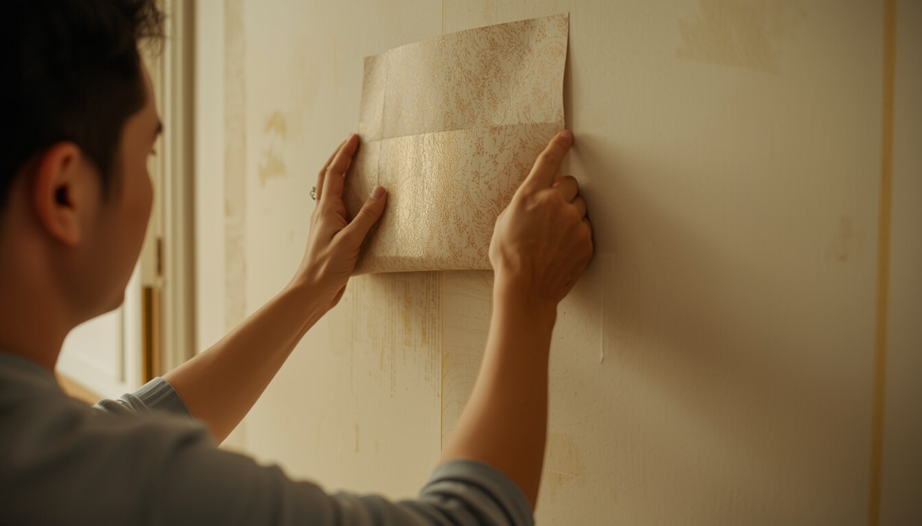 단열 벽지를 모서리에 맞춰 신중하게 붙이는 모습