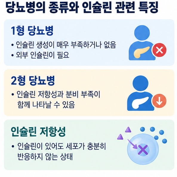 1형 당뇨병의 인슐린 부족과 2형 당뇨병의 인슐린 저항성 차이를 비교한 이미지