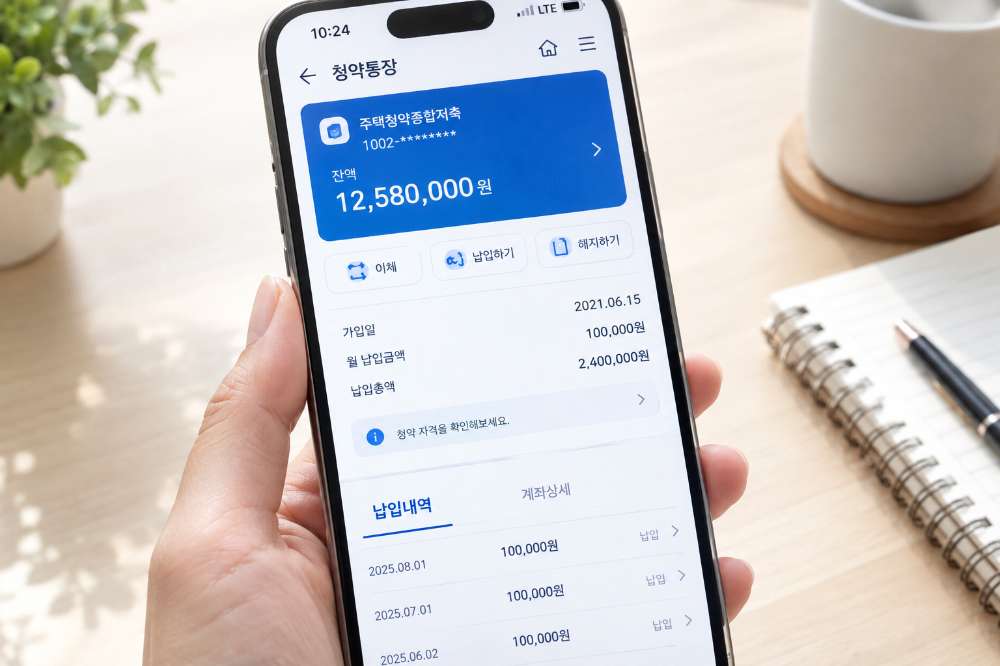 청약통장 앱에서 가입일과 잔액, 월 납입금액, 납입내역을 확인하는 모습