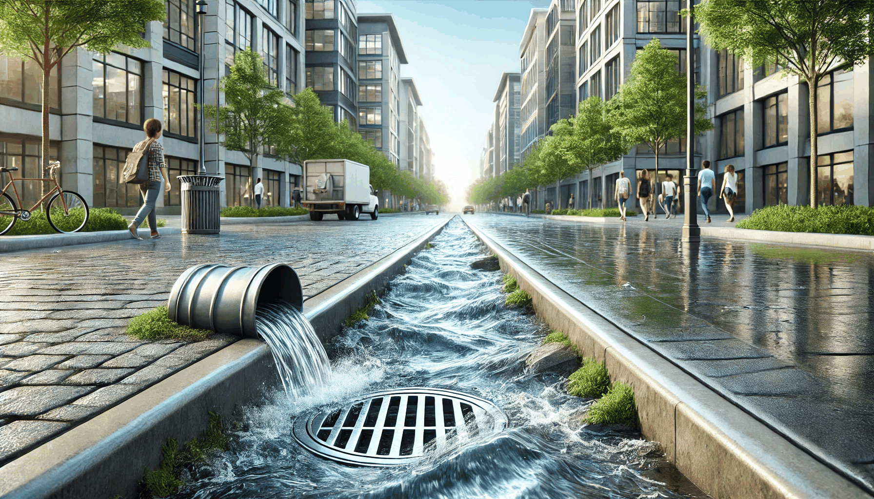 비가 그친 후 물이 효과적으로 배수되고 있는 깨끗한 도시의 배수시설과 캠퍼스 전경을 보여주는 이미지