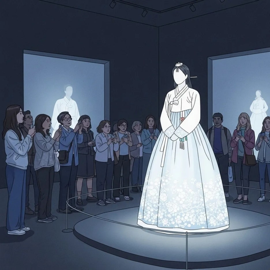 몽환적인 '백매' 드레스를 감상하는 관람객들.