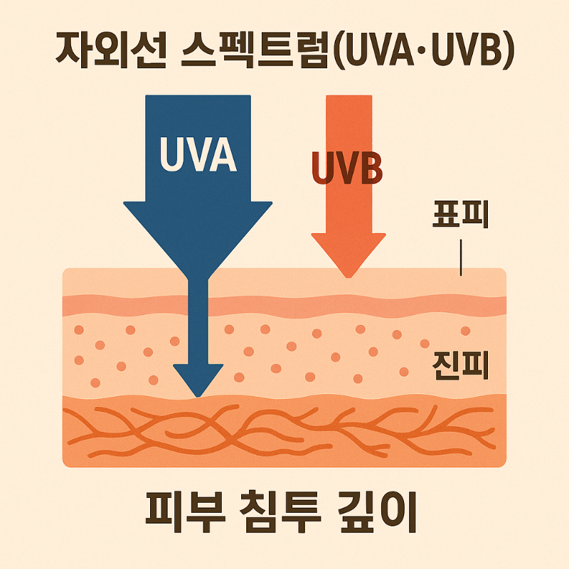 자외선 스펙트럼(UVA&middot;UVB)과 피부 침투 깊이를 나타낸 인포그래픽