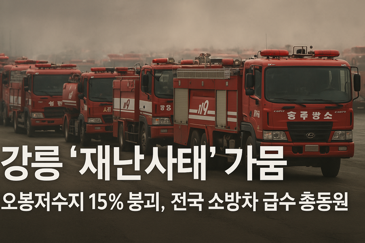 강능 재난사태 가뭄,오봉저수지 15%붕괴, 전국 소방차 급수지원이라 텍스트를 쓰고 전국에서 모인 소방차 행렬의 모습을 표현한 일러스트