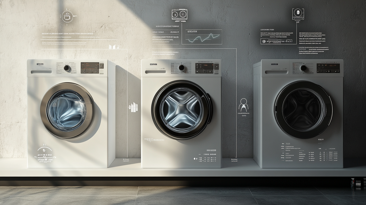 용량, 기능 및 AI 기반 특성에 대한 상세 인포그래픽이 포함된 여러 AI 세탁기의 시각적 비교