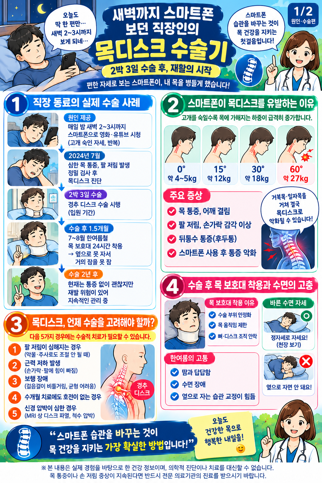 새벽 스마트폰 목디스크 수술기 2박3일 수술 적응증 사례 인포그래픽 1편