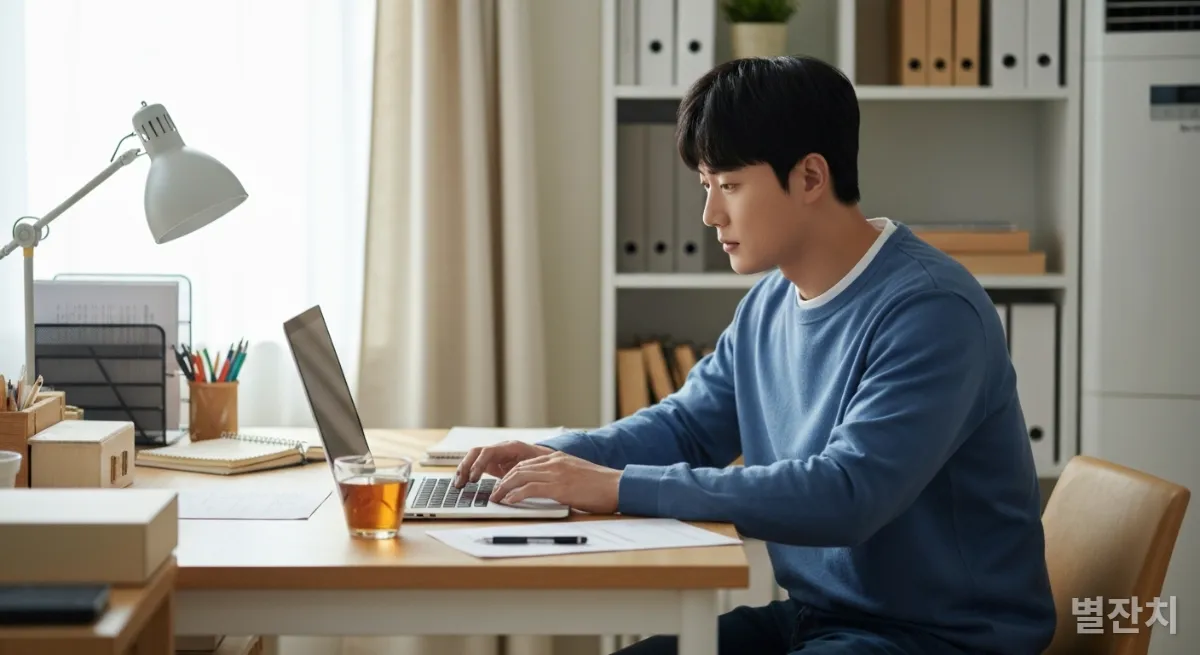깔끔한 홈 오피스에서 집중하여 일하는 MZ세대 남성