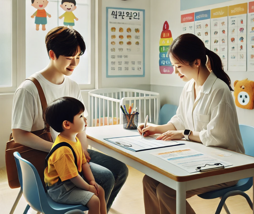 유치원 등록을 하는 어린이와 부모 