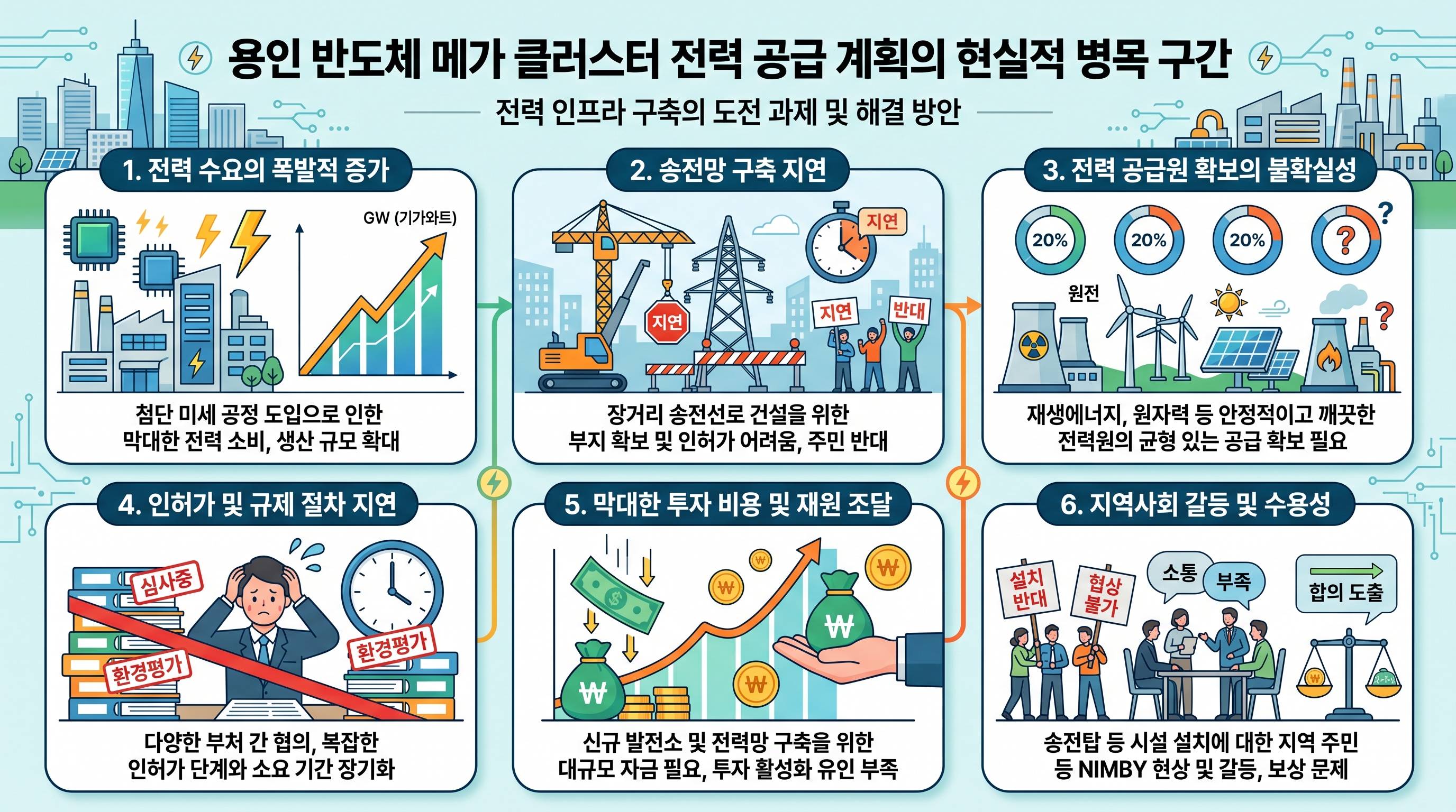 용인 메가 클러스터 전력 수급 계획의 현실적 병목(Bottleneck) 인포그래픽