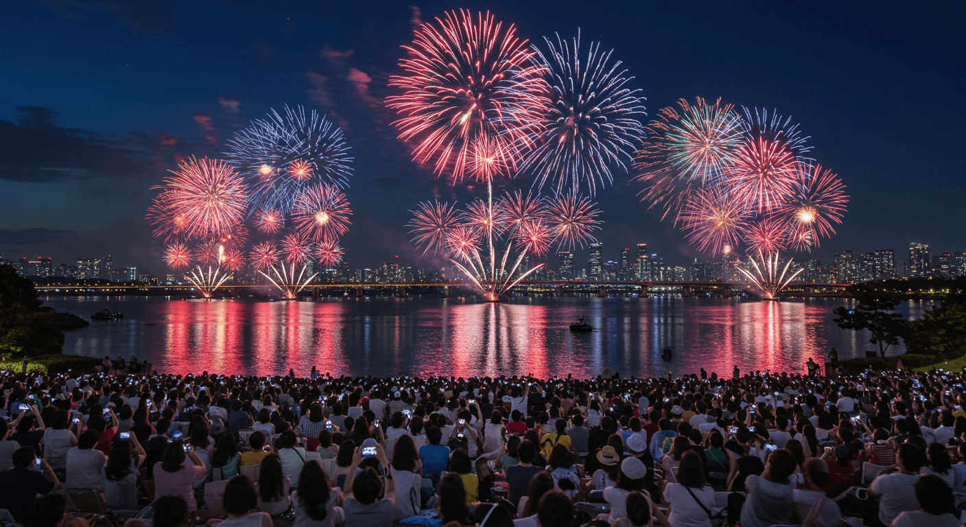 많은 인파가 모여 불꽃이 터지는 장면을 사진 찍는 모습 2