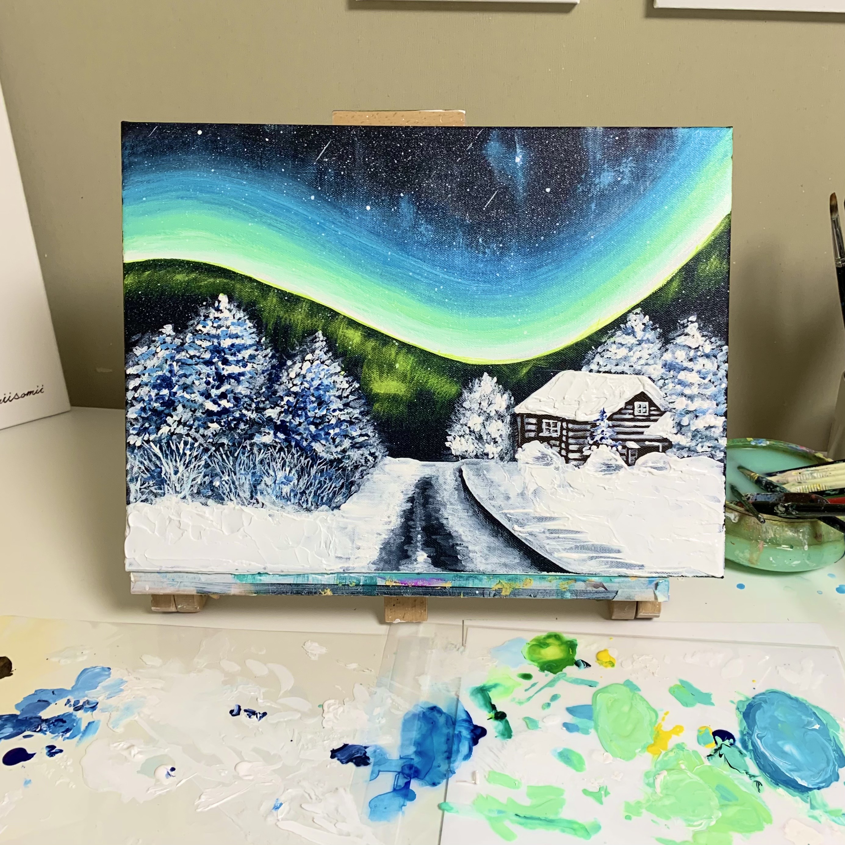 북유럽 겨울 밤 오로라 그리기