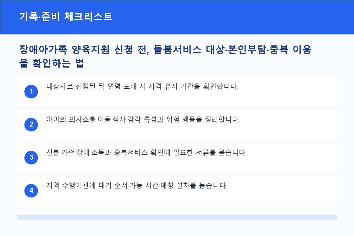 장애아가족 양육지원 신청 전, 돌봄서비스 대상&middot;본인부담&middot;중복 이용을 확인하는 법 기록&middot;준비 체크리스트 정보 이미지
