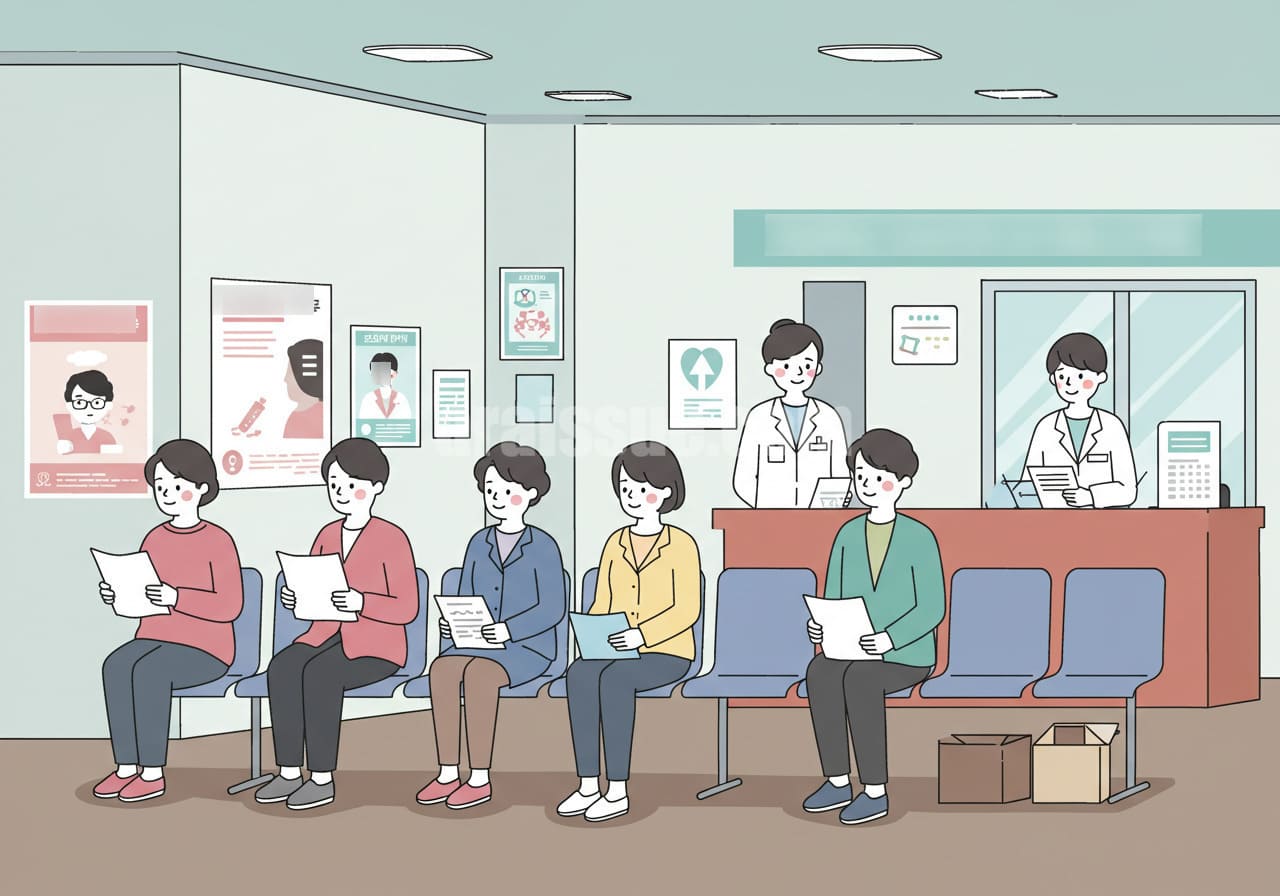 공공보건소 대기실에서 암검진을 기다리는 다양한 연령대의 한국 성인들이 앉아 있는 장면. 배경에는 건강 정보 포스터와 접수대, 대기 의자가 배치되어 있으며, 암 조기 발견을 위한 제도 확대 상황을 표현한 이미지.