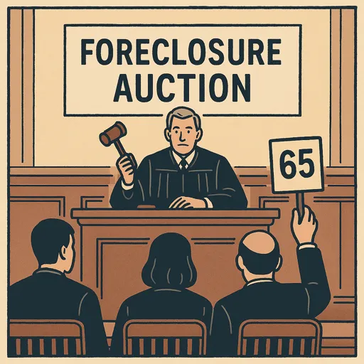 법원에서 판사가 주재하는 부동산 경매 장면 일러스트