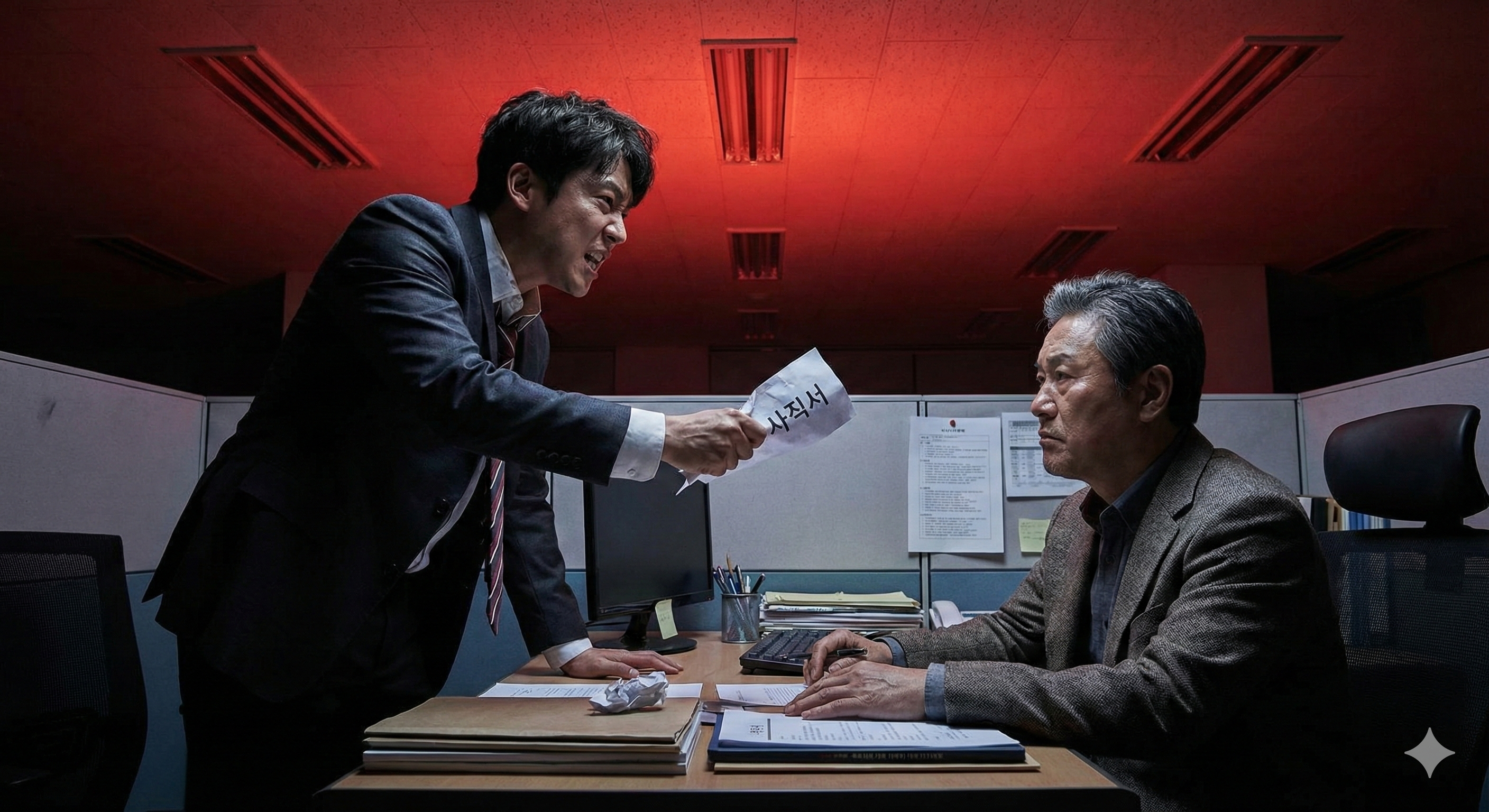 부당한 연차 소멸 통보에 분노하며 상사 앞에서 서류를 구기는 직장인의 모습