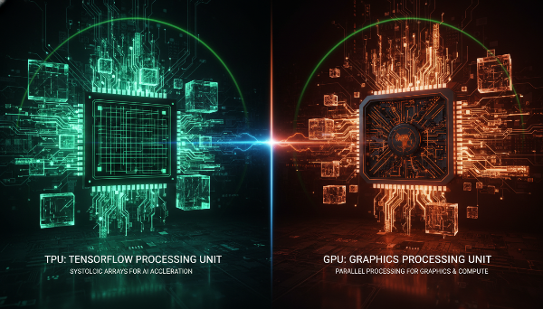 2025년 딥러닝 워크로드를 위한 구글 TPU와 엔비디아 GPU 최신 세대의 핵심 기능과 성능을 비교하는 이미지