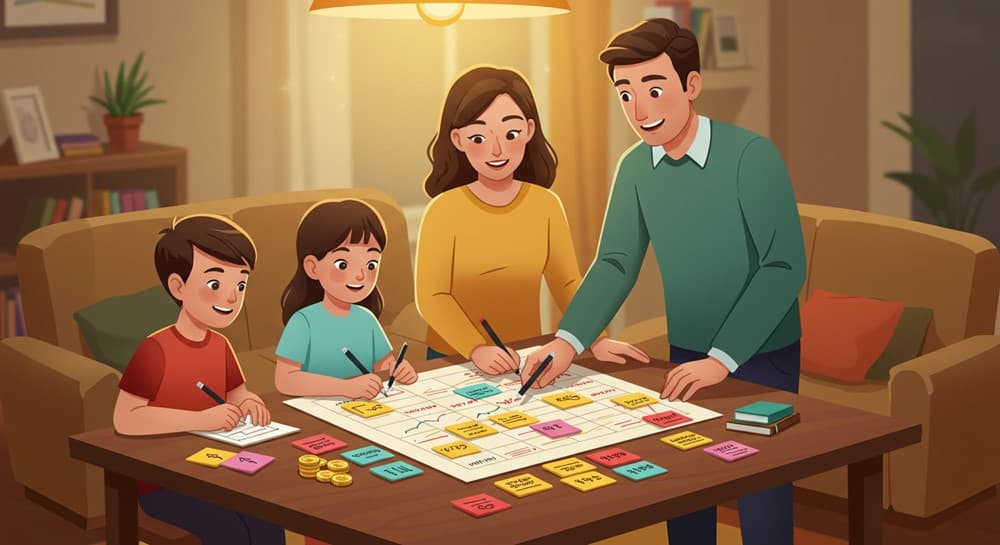 가족이 함께 교육 바우처 예산을 정리하는 모습