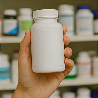 테이블에 흩어진 다양한 모양과 색상의 종합비타민 알약&amp;#44; 흰 병을 든 손&amp;#44; 병에서 쏟아진 라운드형 비타민 정제들