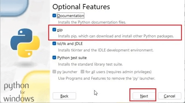 Python 설치 옵션 중에 pip를 선택하는 이미지 입니다.
