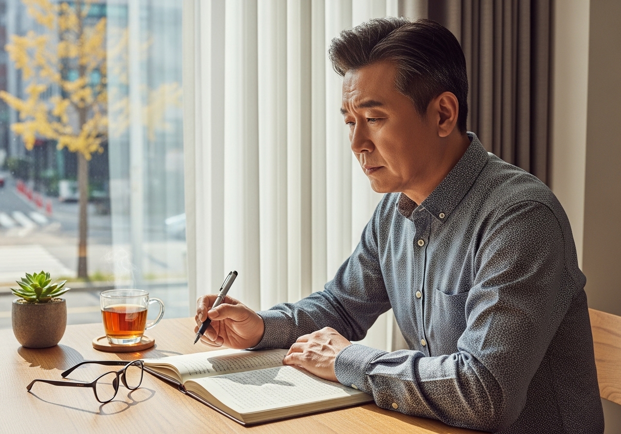 50대 한국인 남성, 창가 책상에 앉아 일기에 집중하는 모습