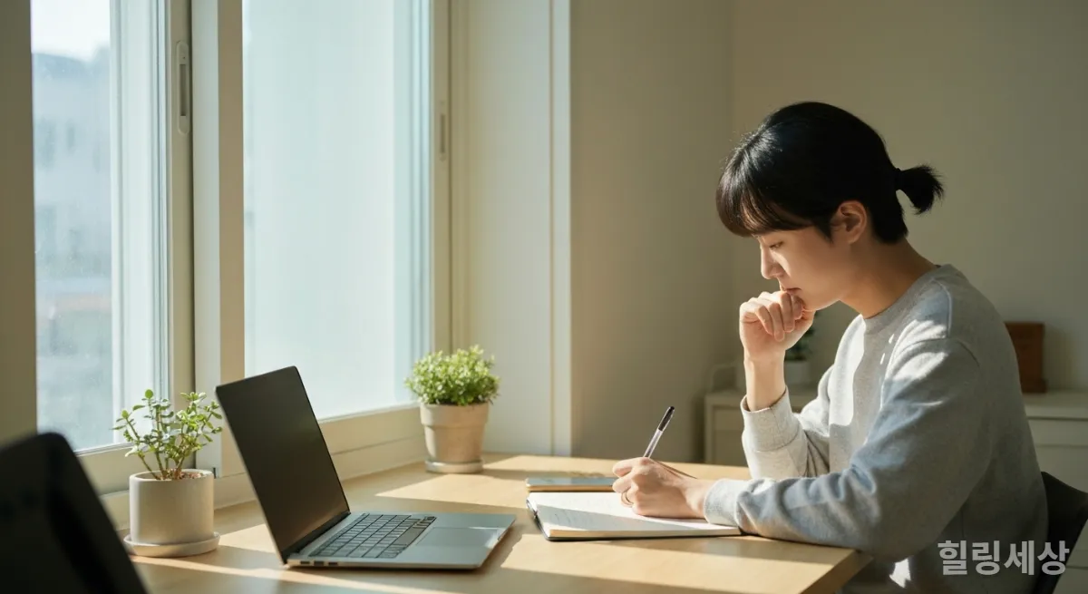 햇살 가득한 미니멀한 아파트에서 일기를 쓰며 자신을 돌아보는 한국인 모습