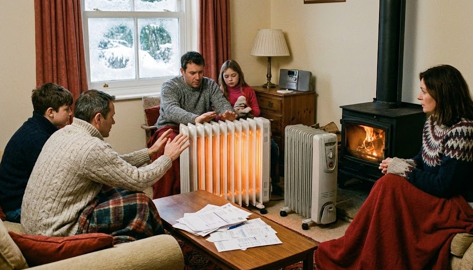 겨울철 난방기와 스토브를 사용하며 전기요금 부담을 느끼는 가정의 실내 모습