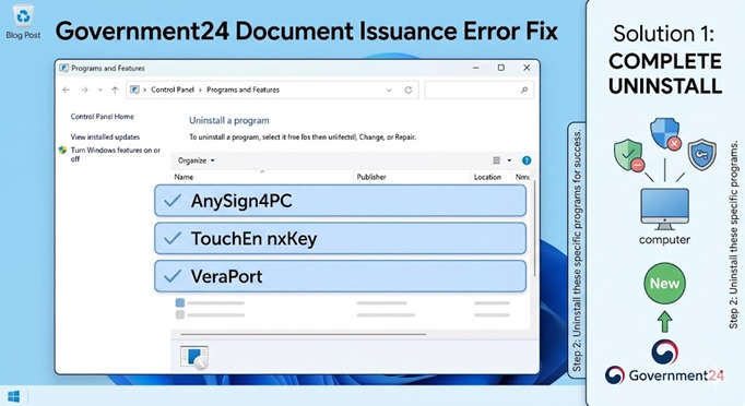 정부24 오류 해결을 위해 제어판에서 AnySign4PC, TouchEn nxKey, VeraPort 보안 프로그램을 완전 삭제하는 방법을 설명하는 스크린샷 이미지