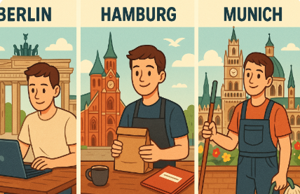 20대 남성이 독일 베를린, 함부르크, 뮌헨에서 워킹홀리데이하는 모습 비교 사진