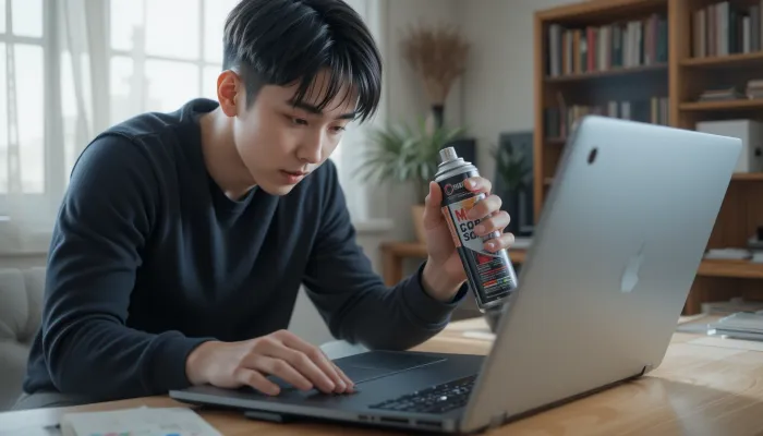 노트북 청소 방법으로 통풍구와 포트를 청소하는 한국인 남성