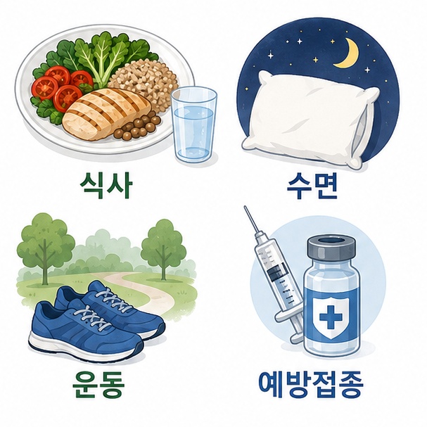면역 기능 관리에는 영양제뿐 아니라 균형 잡힌 식사와 충분한 수면, 규칙적인 운동과 예방접종도 중요함을 보여주는 그림