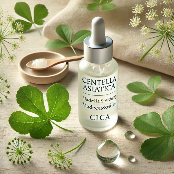 병풀 잎과 함께 놓인 마데카소사이드 스킨케어 앰플이 밝은 나무 배경 위에 자연스럽게 배치되어 있으며, 촉촉한 수분감과 피부 진정 효과를 암시하는 자연 친화적 분위기의 이미지입니다.