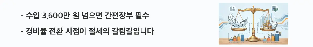 종소세 단순경비율 기준경비율: "수입 3,600만 원 넘으면 간편장부 필수, 경비율 전환 시점이 절세의 갈림길입니다"라는 문구가 포함된 웹배너 이미지. 이 이미지는 수입 구간별 단순경비율과 기준경비율 전환 시점의 절세 전략을 시각적으로 전달하며, 블로그의 종소세 추계신고 방법 선택과 관련된 내용을 설명함