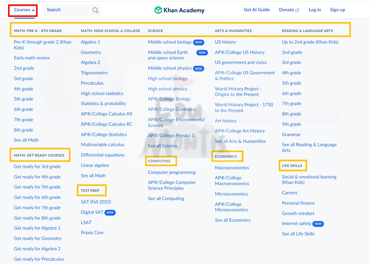 칸 아카데미에서 제공하는 과목들을 나열한 웹사이트 페이지 스크린샷