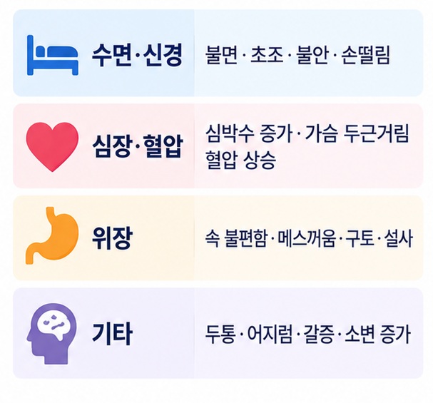 카페인 과다섭취가 수면 신경 심장 혈압 위장에 미칠 수 있는 증상을 정리한 이미지