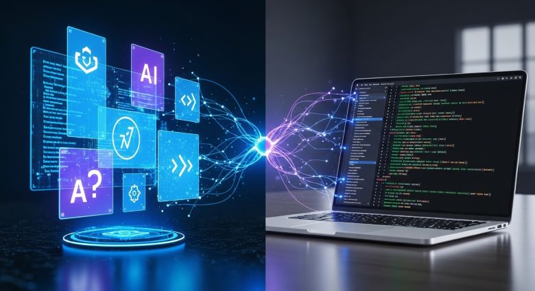 왼쪽에 AI 아이콘과 홀로그램 인터페이스, 오른쪽에 실제 코딩 화면이 표시된 노트북, 중앙에 네트워크 연결선이 있는 AI 기반 프로그래밍과 전통 코딩의 융합을 나타내는 이미지