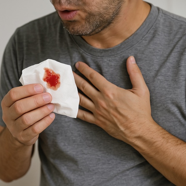 기침 후 가래에 피가 섞인 휴지, 가슴을 짚은 남성(출처: 자체제작)